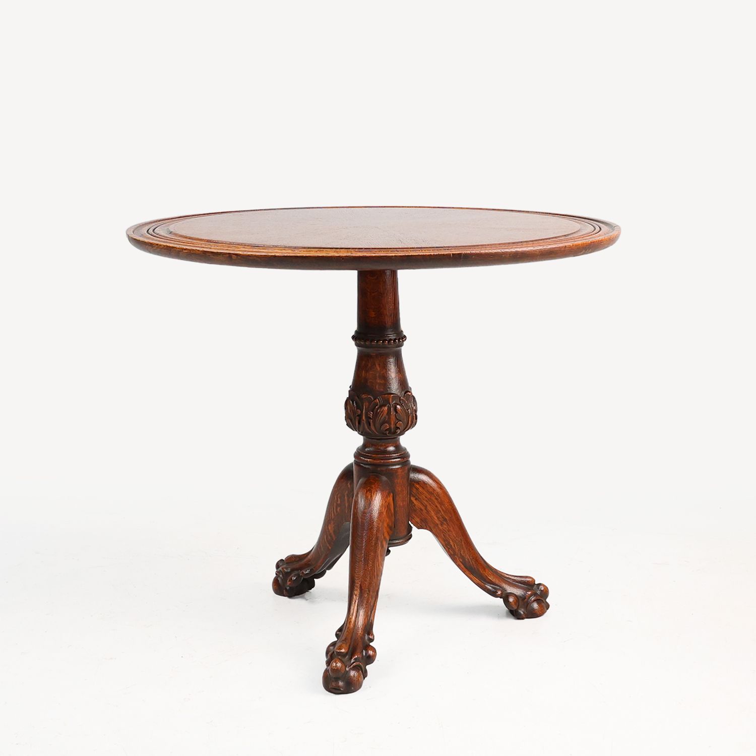 Antique English hand carved circular oak side table with lions head feet -img